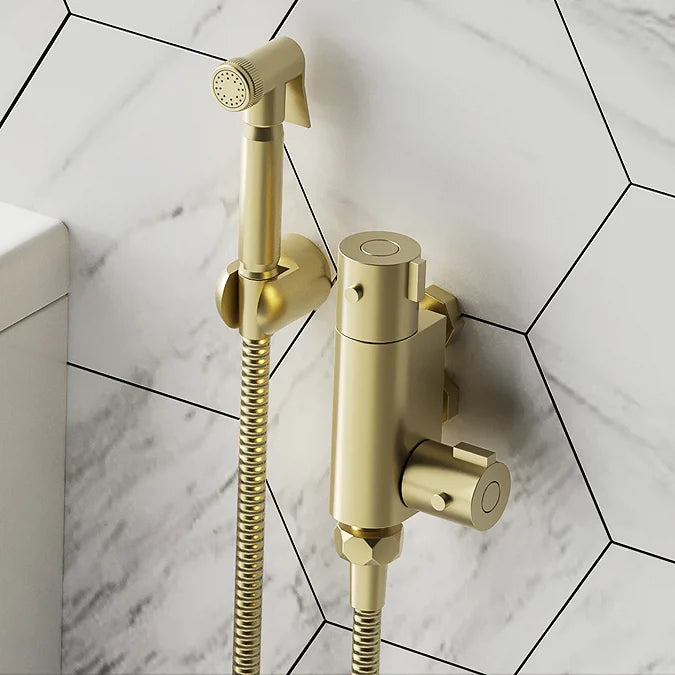 Round Douche Thermostatic Bar Valve with Shower Spray Kit Brushed Brass
