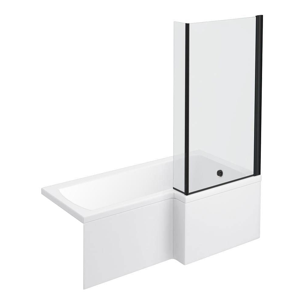 L-Shaped Shower Bath - 1700mm incl. Matt Black Screen + Panel