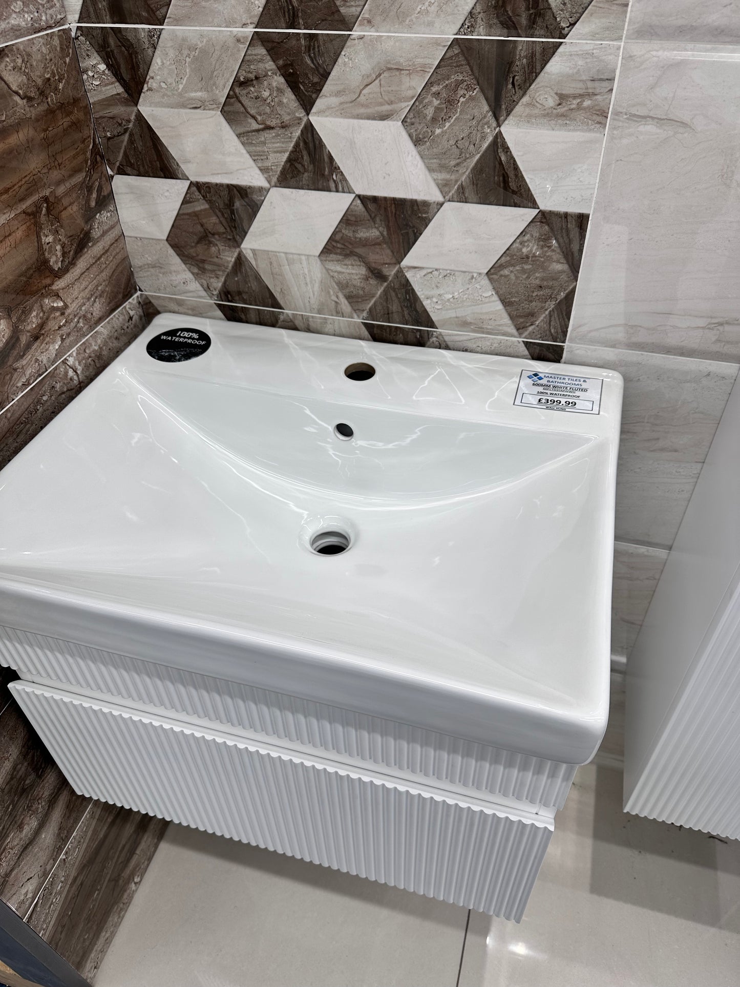 600 Waterproof PVC Fluted Wall Hung Edge Basin - Matt White - YSGG103MW