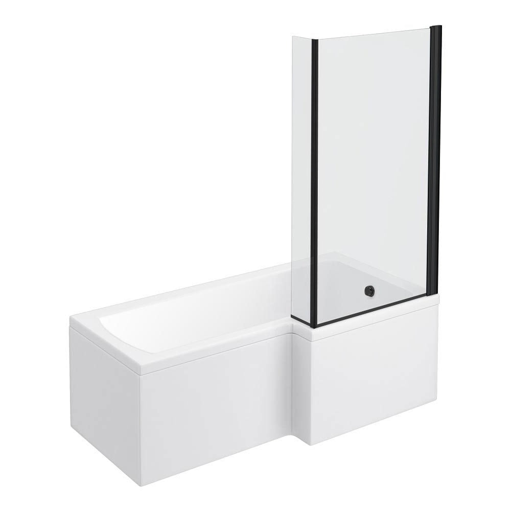 L-Shaped Shower Bath - 1700mm incl. Matt Black Screen + Panel