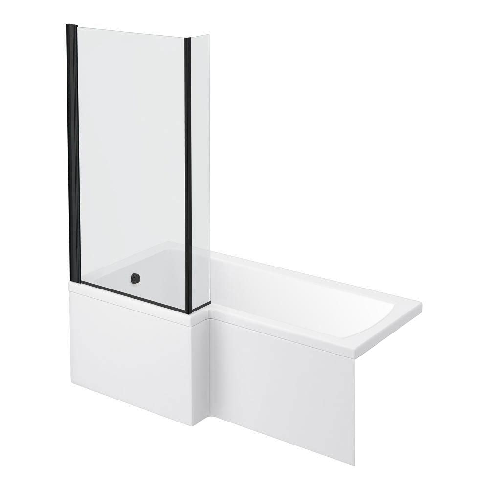 L-Shaped Shower Bath - 1700mm incl. Matt Black Screen + Panel