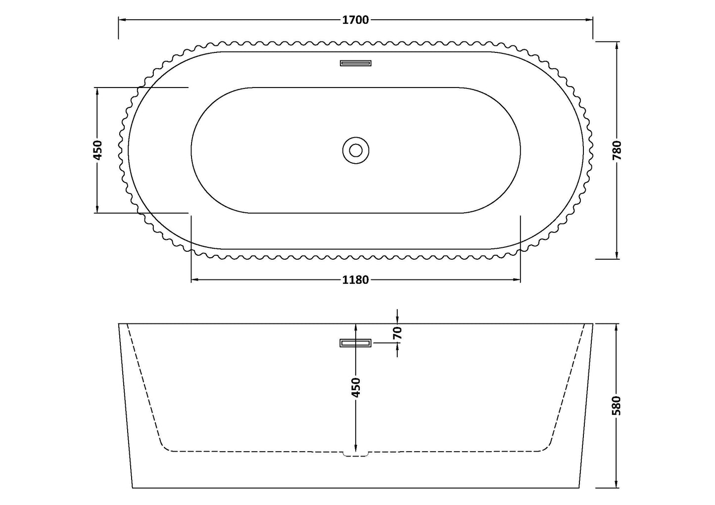 Fluted 1700 x 780 x 580 Oval Freestanding Bath