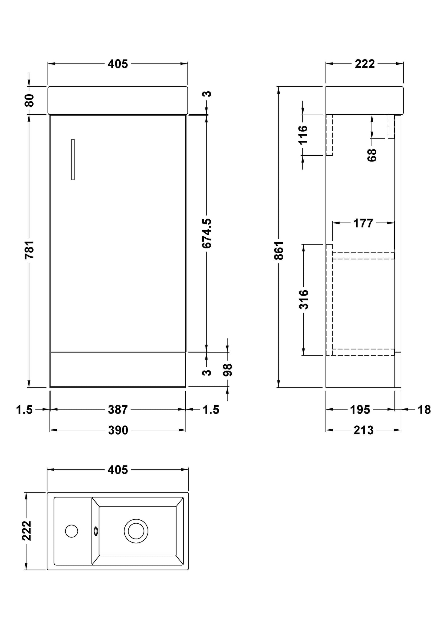 Floor Standing Single Door Compact Vanity Unit with Ceramic Basin 400mm